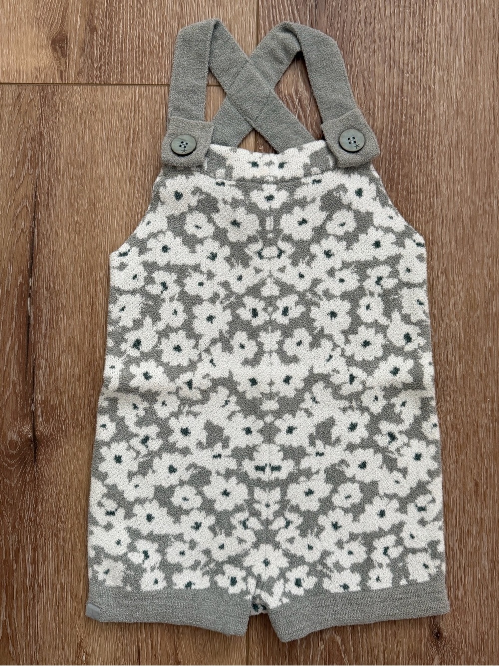 Barefoot Dreams Gray and White Floral Knit Baby Romper with Crossback Straps